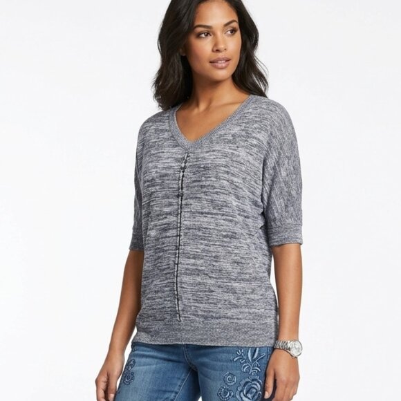 Weekends by Chico's Blue Marled Knit V-Neck Top sz 2 (12) Coastal Boho - Picture 2 of 5